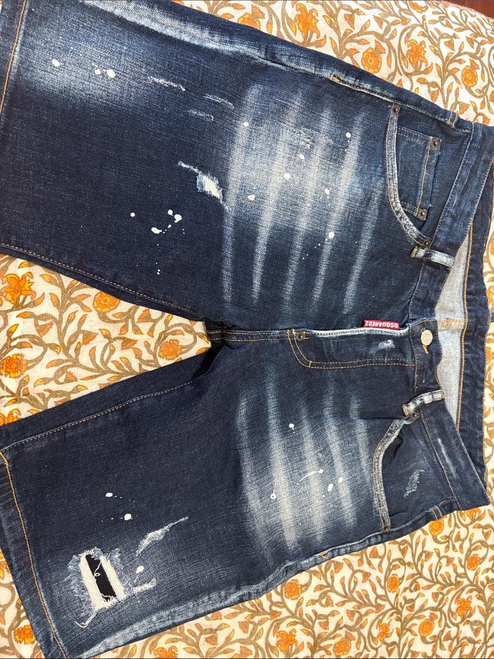 DSQUARED2 Dark Blue Distressed Paint-Splatter Jeans Shorts